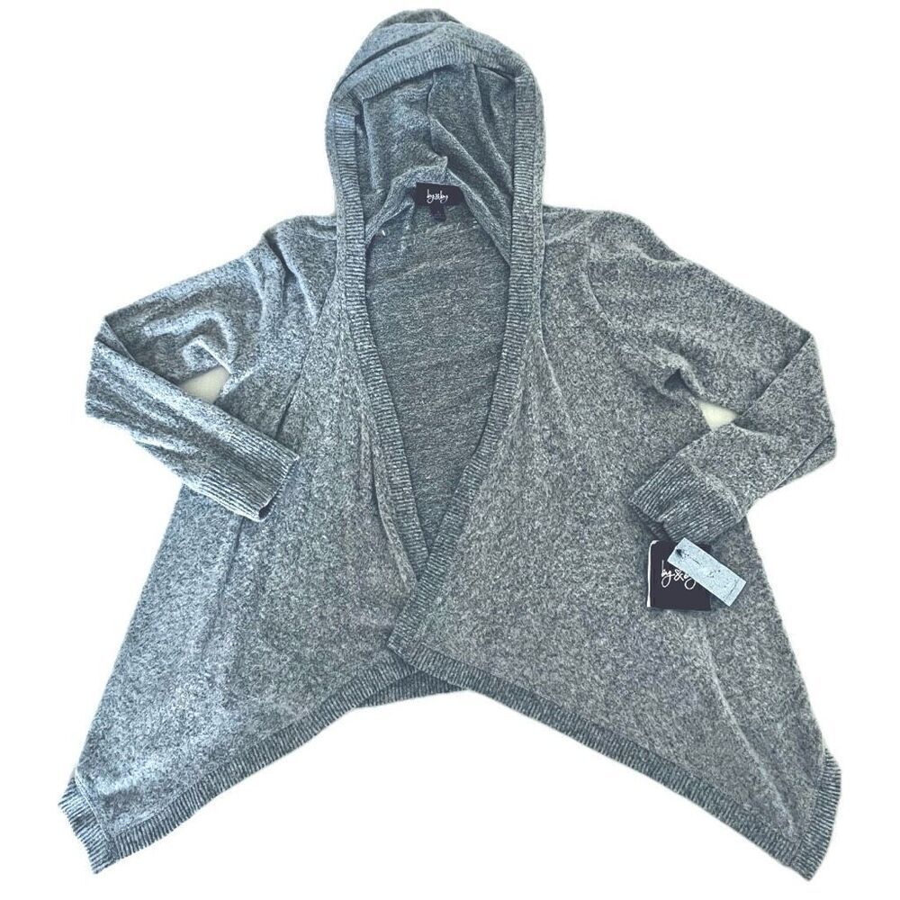 NWT By&By Sz S Marled Grey Hoodie Super Soft Asymmetrical Cardigan Open Sweater